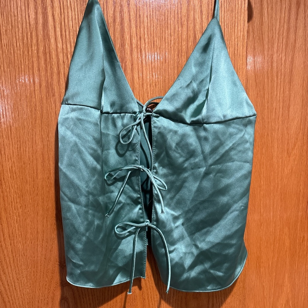 Zara Satin Green Tie-Front Top
